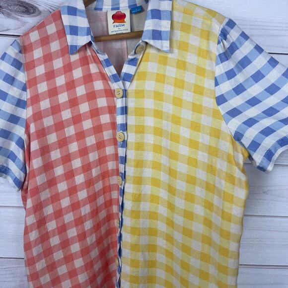 Anthropologies Farm Rio Surf Buttondown Short Sleeve Plaid Linen Blend‎ Sz Small - Picture 4 of 7